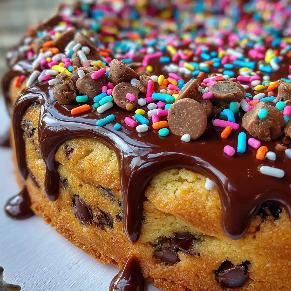Cookie Cake Recipe Confetti Sprinkle Border With Ganache Drip 1760776704.4046226