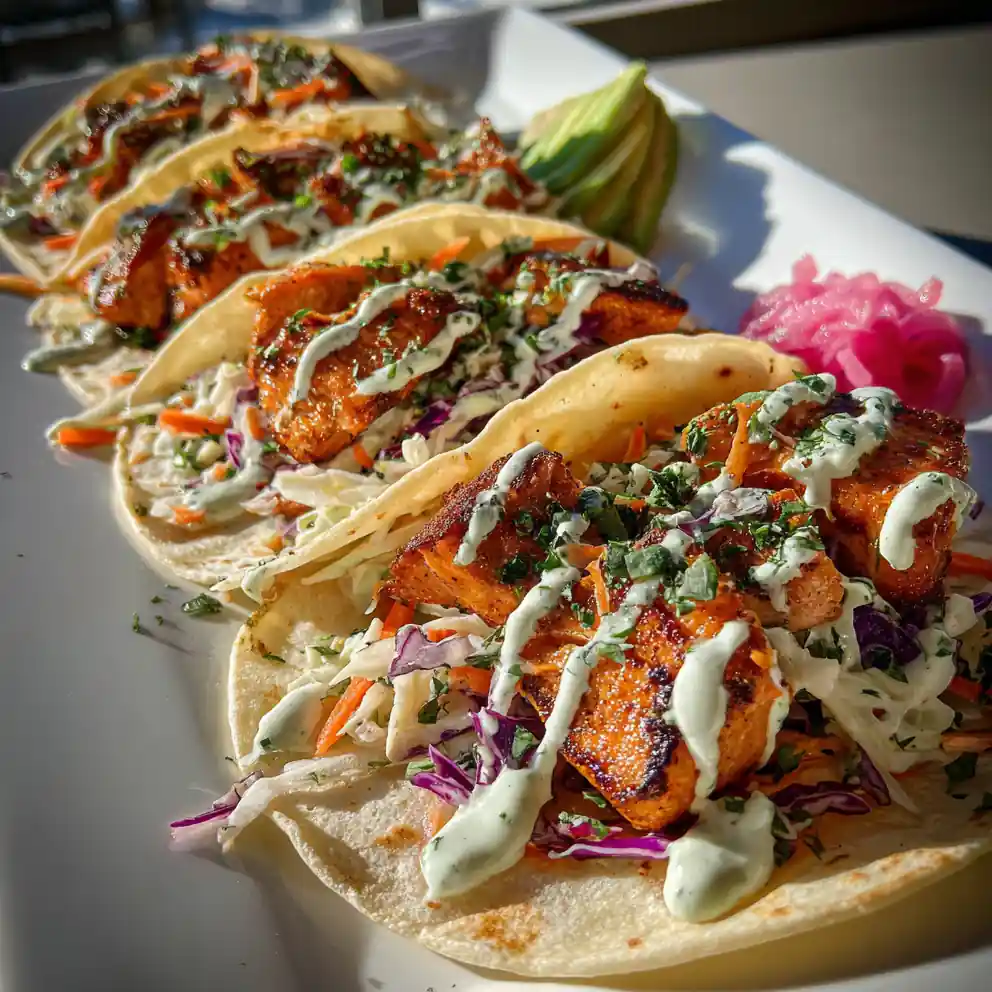 Salmon Tacos Recipe Sunset Slaw With Lime Crema Lines 4 salmon tacos recipe Sunset Slaw with Lime Crema Lines