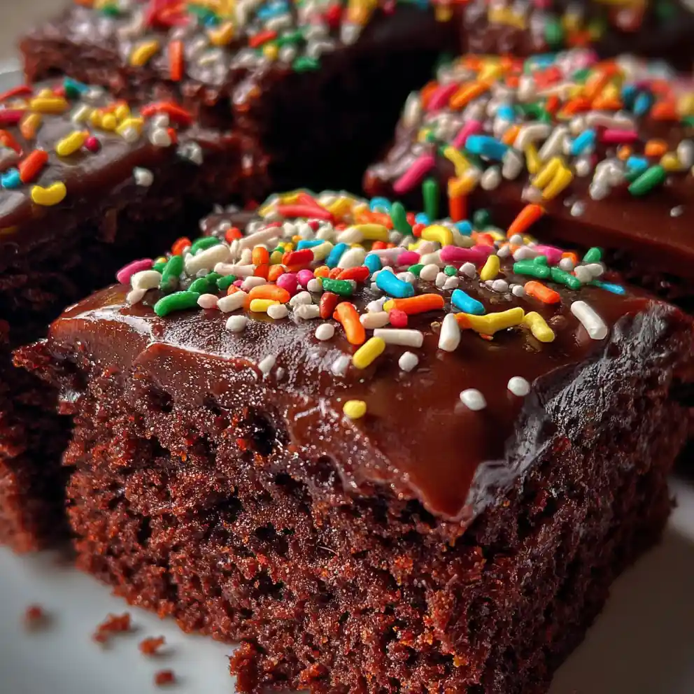 Texas Sheet Cake Recipe Glossy Fudge Icing With Rainbow Sprinkles 1760287498.6412168