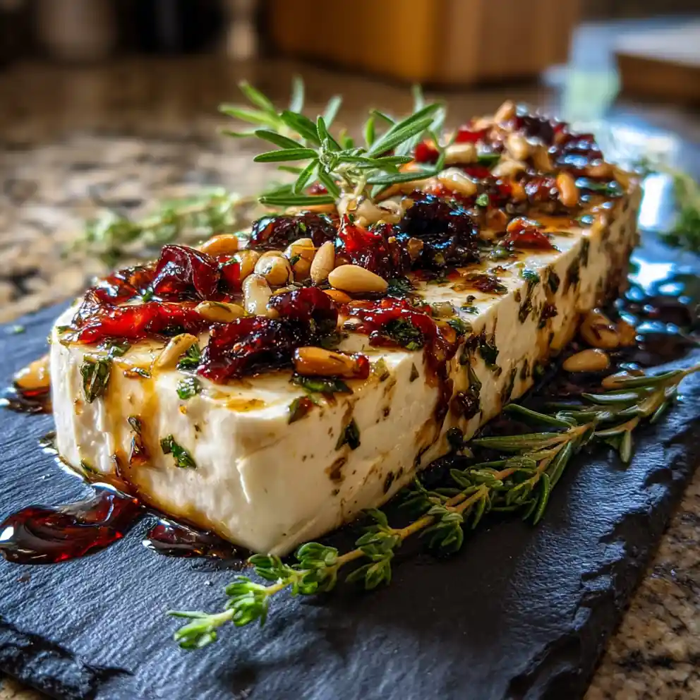 Baked Feta With Olives Sun Dried Tomatoes And Pomegranate Molasses Drizzle 1767854021.0537434
