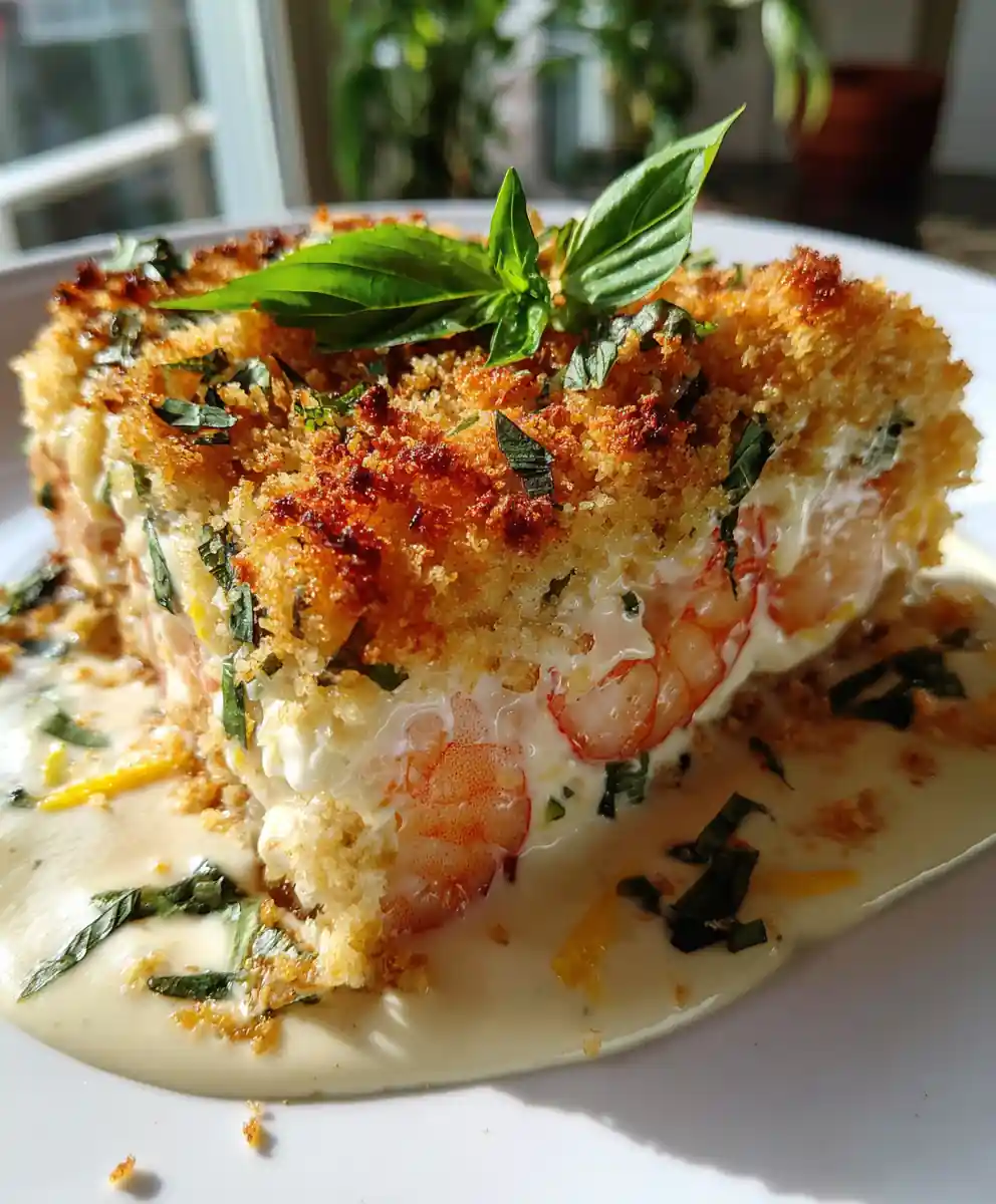 Baked Shrimp Casserole With Lemon Basil Cream Swirl And Toasted Panko Almond Topping 5 Baked Shrimp Casserole with Lemon Basil Cream Swirl and Toasted Panko Almond Topping