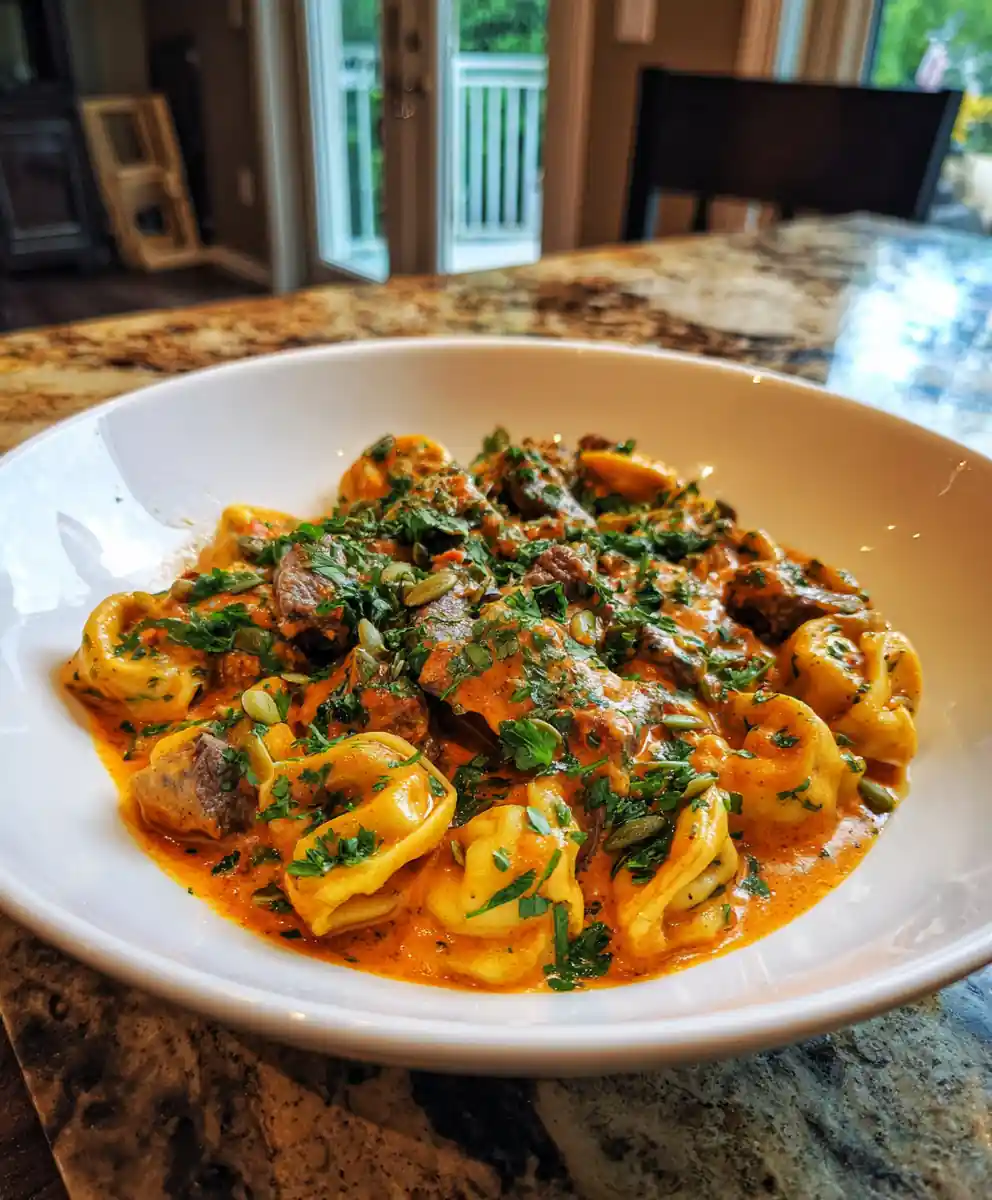 Cheesesteak Tortellini With Roasted Red Pepper Provolone Swirl 5 Cheesesteak Tortellini with Roasted Red Pepper Provolone Swirl