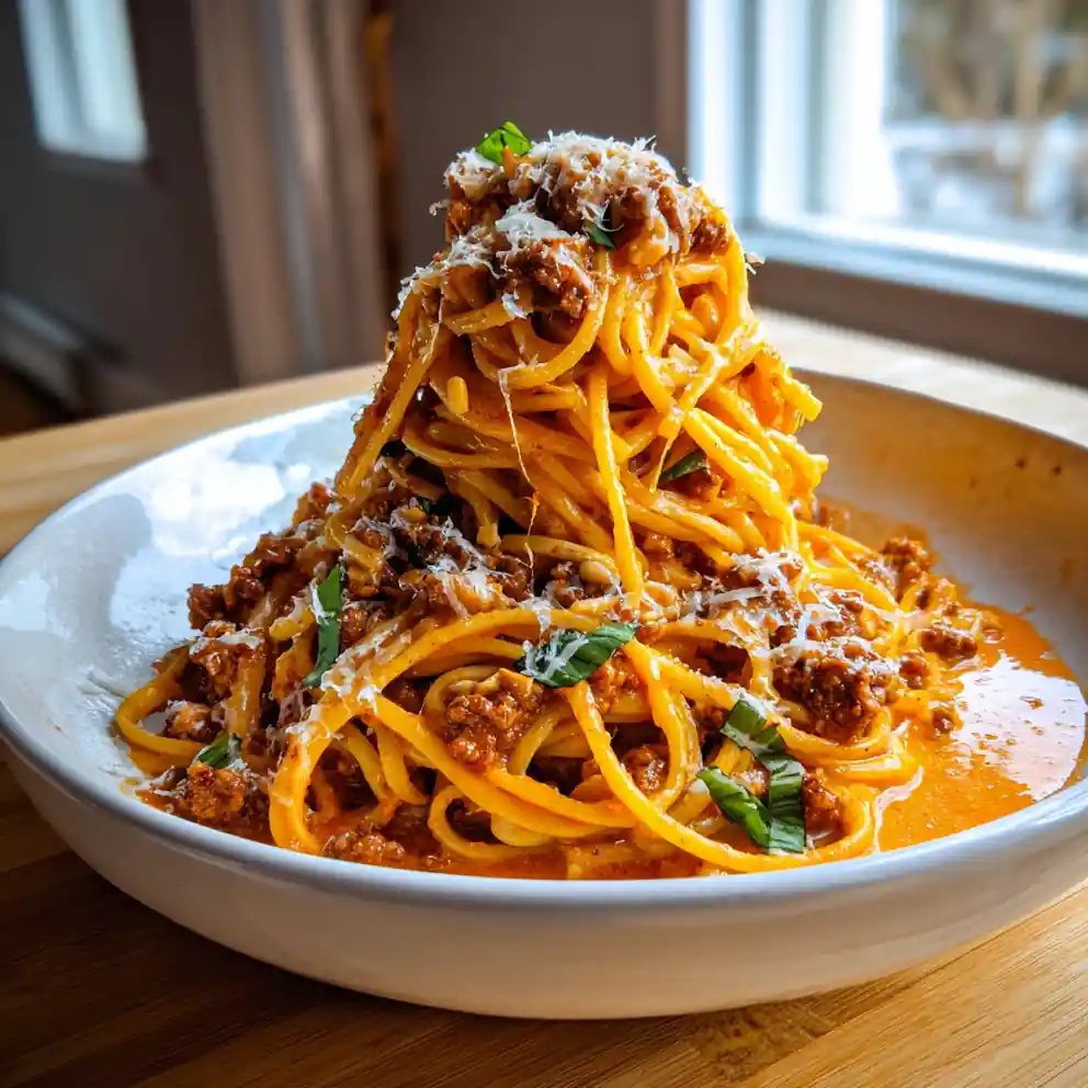 Cheesy Garlic Butter Linguine With Savory Ground Beef And Roasted Red Pepper Cream Swirl 3 Cheesy Garlic Butter Linguine With Savory Ground Beef And Roasted Red Pepper Cream Swirl 1767807701.5364203