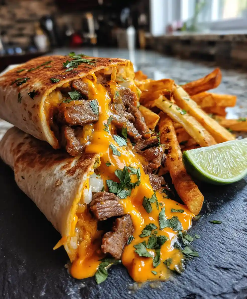 Cheesy Steak Burritos With Crispy Dirty Fry And Chipotle Cream 5 Cheesy Steak Burritos with Crispy Dirty Fry and Chipotle Cream