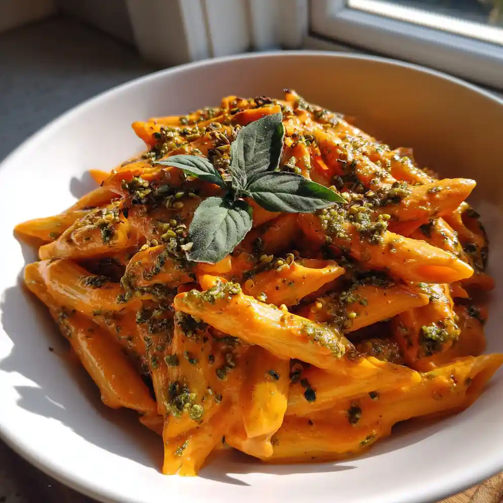 Creamy Roasted Red Pepper Pasta With Pumpkin Seed Pesto Swirl 4 Creamy Roasted Red Pepper Pasta with Pumpkin Seed Pesto Swirl
