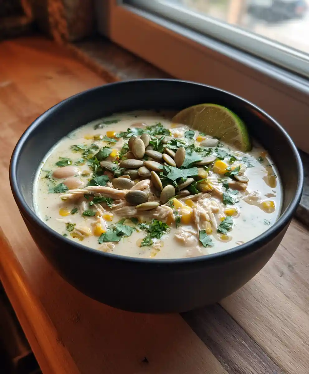 Crockpot White Chicken Chili With Roasted Poblano Corn Cream Swirl 5 Crockpot White Chicken Chili with Roasted Poblano Corn Cream Swirl