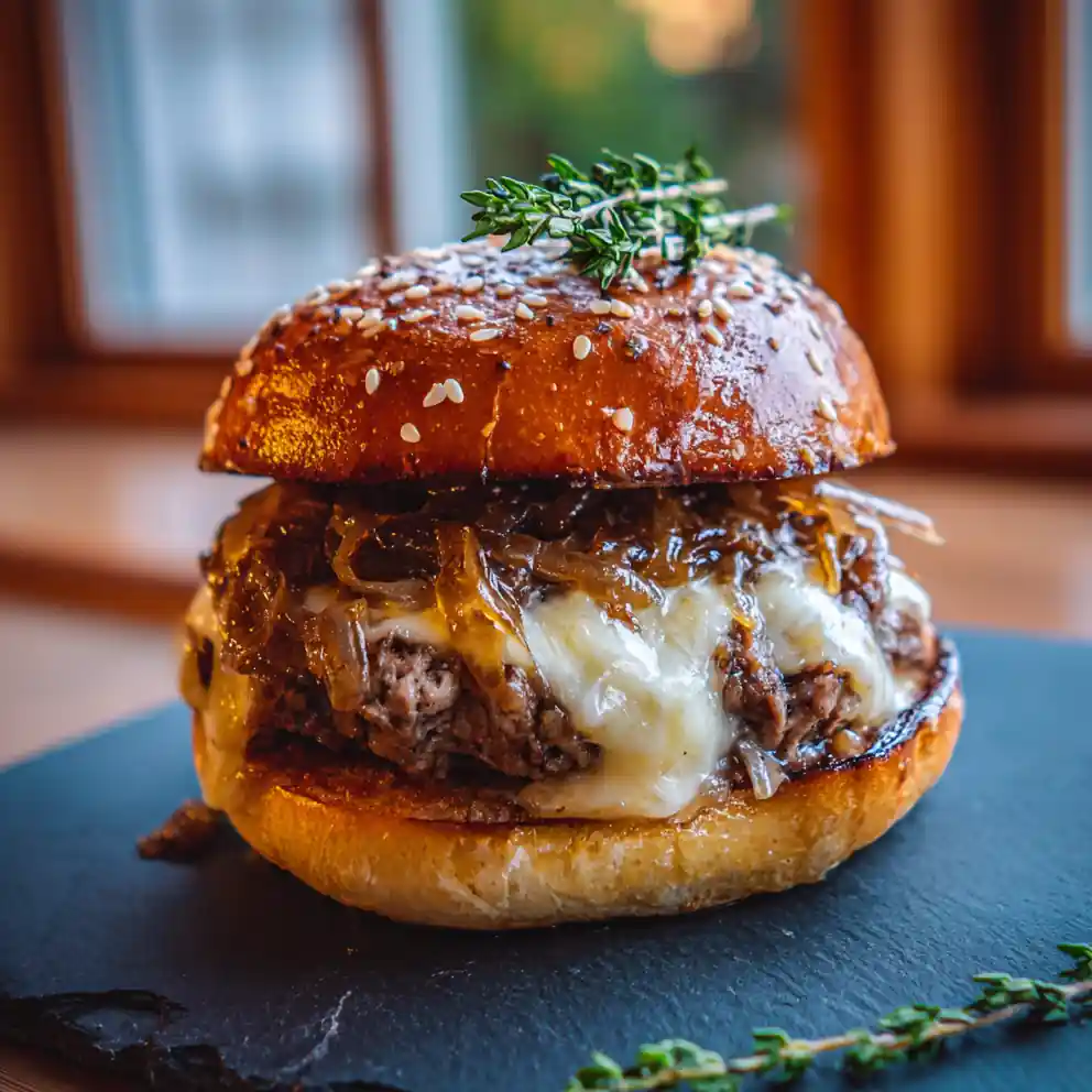 French Onion Ground Beef Burgers With Melted Cheese Swirl 4 French Onion Ground Beef Burgers with Melted Cheese Swirl