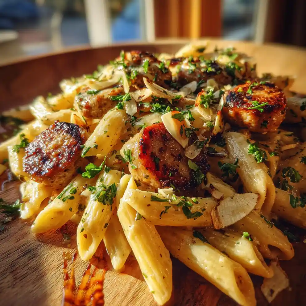 Garlic Honey Skillet Pasta With Crispy Chicken Sausage And Harissa Swirl 4 Garlic Honey Skillet Pasta with Crispy Chicken Sausage and Harissa Swirl