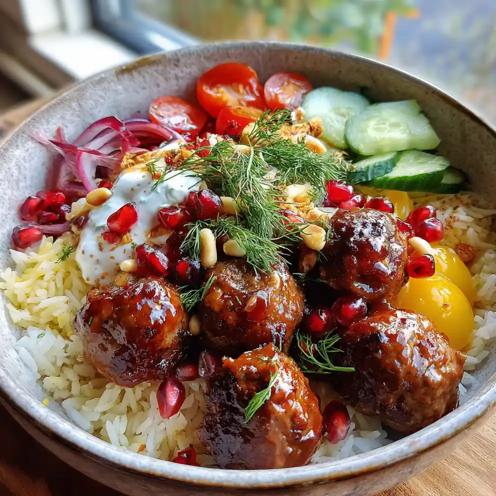 Greek Meatball Bowl With Pomegranate Glazed Meatballs, Tzatziki Rice & Fresh Veggies 3 Greek Meatball Bowl With Pomegranate Glazed Meatballs Tzatziki Rice Fresh Veggies 1767795162.4691124
