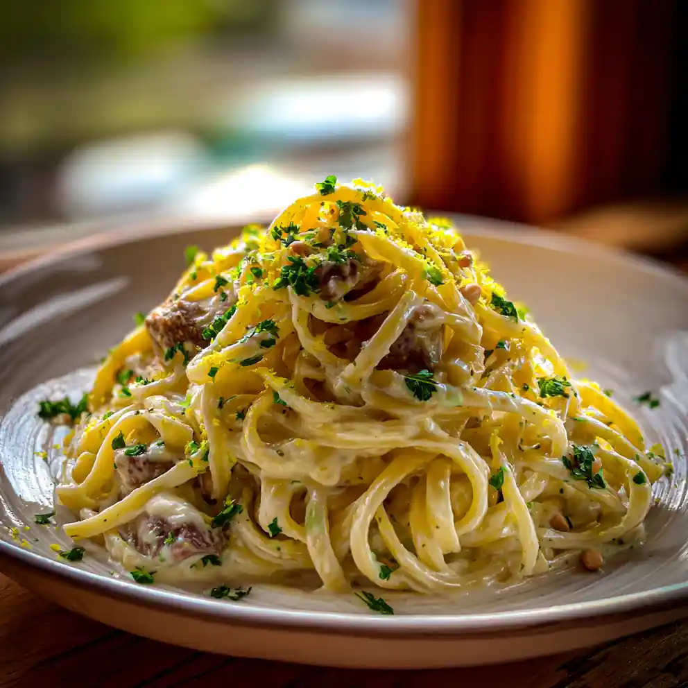 Lemon Mascarpone Swirled Beef Linguine with Garlic Butter Sauce