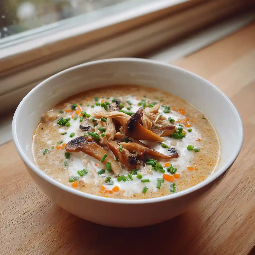 Rotisserie Chicken Mushroom Soup With Roasted Garlic Cream Swirl 4 Rotisserie Chicken Mushroom Soup with Roasted Garlic Cream Swirl