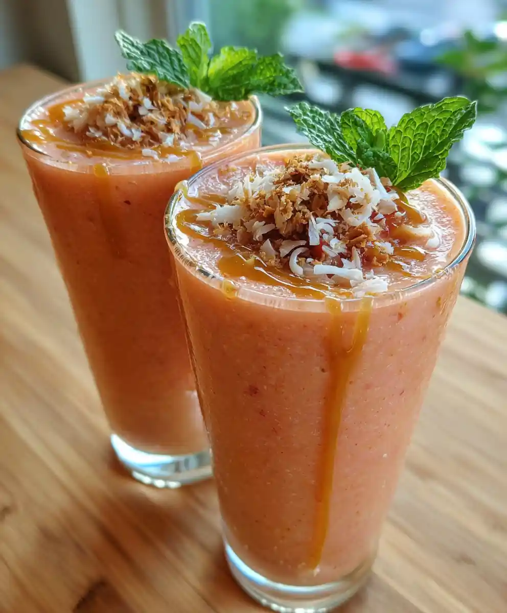 Strawberry Pina Colada Smoothie With Coconut Caramel Swirl 5 Strawberry Pina Colada Smoothie with Coconut Caramel Swirl