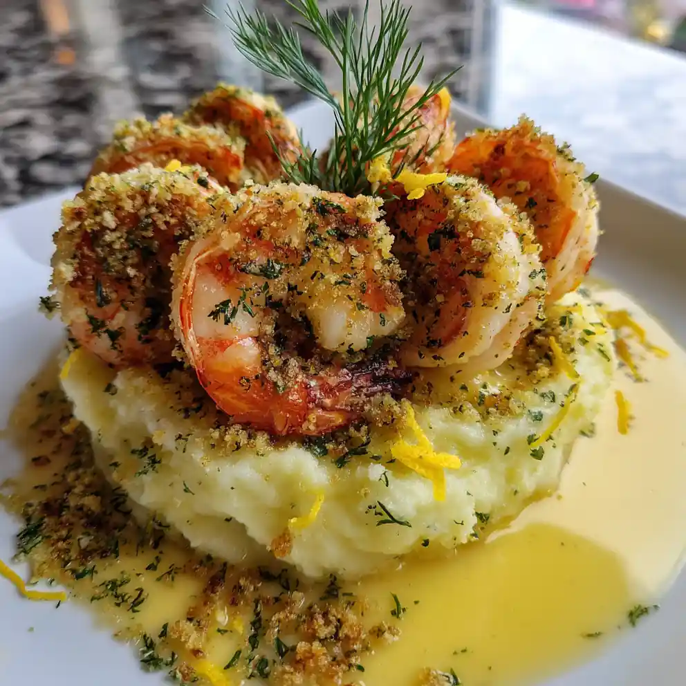 Lemon Butter Garlic Shrimp Over Creamy Mashed Potatoes With Crispy Herb Crumbs 1772083397.461407