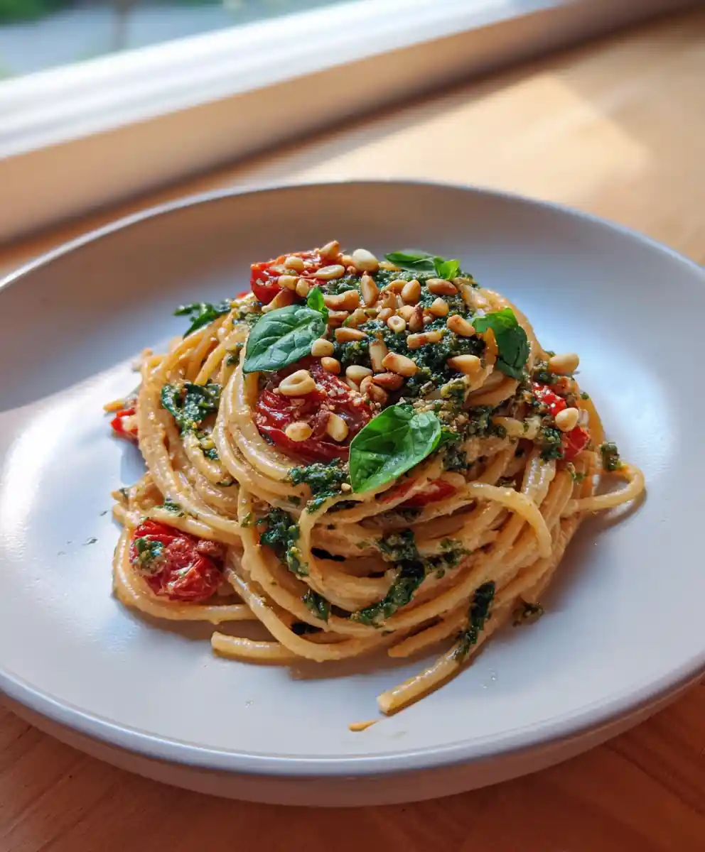 Spaghetti With Spinach In Sun Dried Tomato Cream Sauce And Basil Pesto Swirl 5 Spaghetti With Spinach In Sun Dried Tomato Cream Sauce And Basil Pesto Swirl