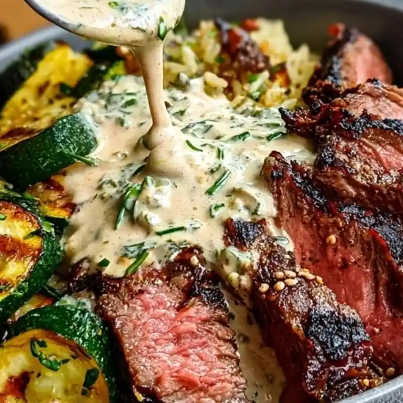 Grilled Steak Bowl with Creamy Sauce and Grilled Zucchini 3 Recipe image