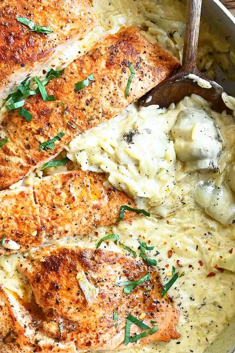 Creamy Salmon with Artichoke Orzo 3 Recipe image