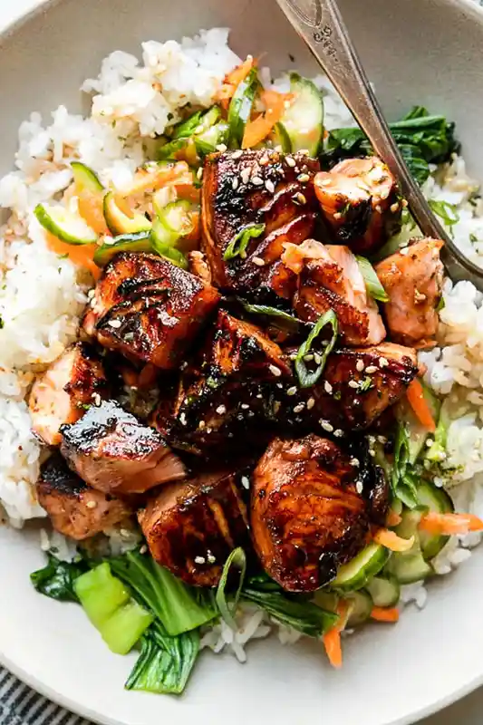 Soy-Glazed Seared Salmon Rice Bowls with Namasu 3 Recipe image